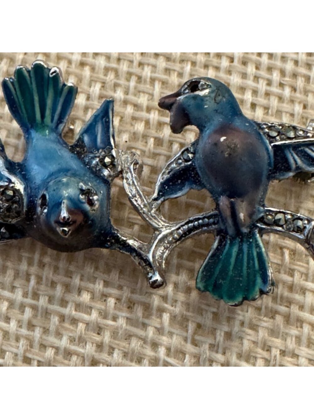 Vintage Enamel Bluebird Brooch With Rhinestone Accents On Silver Branch Design - Picture 3 of 8